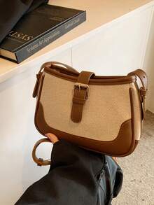 Fashionable Linen & Suede Contrast Color Elegant Shoulder Bag, Suitable For Casual Wear - Coffee Brown - View 2
