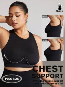 1pc Plus Size Women Seamless Supportive Sports Bra, Black Wireless Bra Padded, Suitable For Yoga, Fitness, Running, Gym
