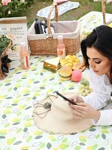 Yellow Green Leaf Waterproof Picnic Mat With Storage Pocket, For Outdoor, Picnic, Lawn Use, Suitable For Spring & Summer