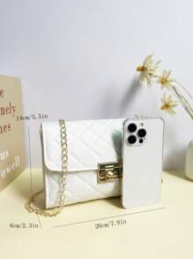 1pc Elegant White Diamond Grid Shoulder Bag, Minimalist White Diamond Pattern Design With Shiny Metal Lock And Chain, Chic & Romantic French Style, Soft Texture Diamond Grid White Handbag, Exudes Spring Fashion Vibe, Lightweight Crossbody Bag