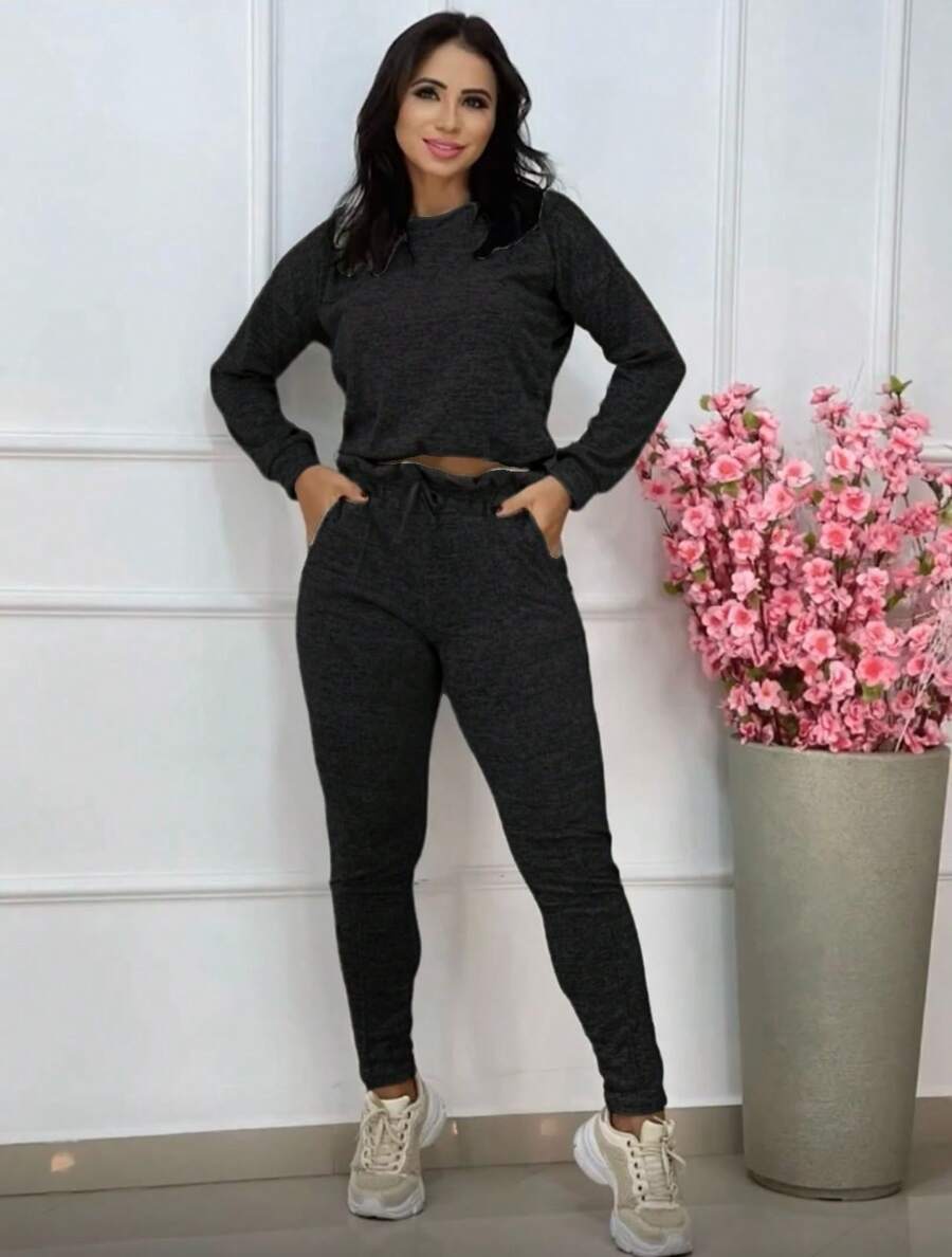 Long Sleeve Cropped Set With Woolen Trousers Winter 2025 - 黑色 - 查看 1