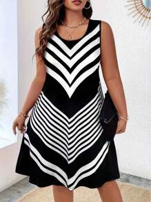 Summer Plus Size Striped Pattern Camisole Slip Dress Beach Outfits For Woman,Women's All-Over Print Sleeveless Mini Dress - Round Neck Casual Sundress, Flowy Summer Daily Dress, Beach Vacation Tank Dress For Women,Leisurely Short Dresses