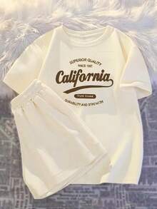 California Print Girls Summer Outfit Set Since 1987, Short Sleeve T-Shirt And Casual Shorts With Fashionable Pockets, Suitable For Outdoor - 杏色 - 查看 3