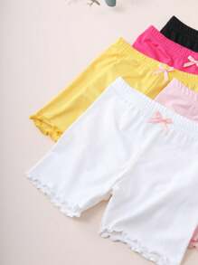 5 Girls Solid Color Bowknot Panties, Ruffled Safety Shorts, Suitable For Daily Life