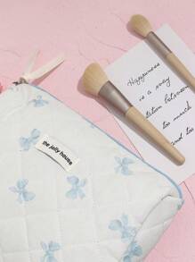 1 Stück weiße gesteppte karierte Kosmetiktasche, blaues Schleifenmuster, girly Herz Design, multifunktionale Kosmetik Aufbewahrungstasche, tragbare Kosmetikpinsel Clutch Tasche mit Reißverschluss, geeignet für Lippenstift, Pinsel, Hautpflege, Aufbewahrungsbox, für Urlaub, Strand, Badezimmer, Schlafzimmer, großes Fassungsvermögen