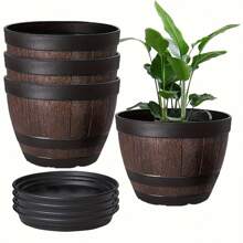 1 pieza Maceta de estilo vintage de barril de whisky con bandeja - 1 base + 1 maceta, maceta de plástico a rayas con agujeros de drenaje, adecuada para uso en interiores y exteriores, ideal para cultivar hierbas, flores frescas, suculentas - Maceta de jardín redonda