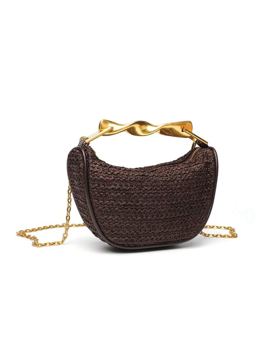 Summer Rattan Half-Moon Beach Straw Shoulder Bags Women's Straw Bucket Bag Purse Woven Straw Handbags Casual Tote Crossbody Bag