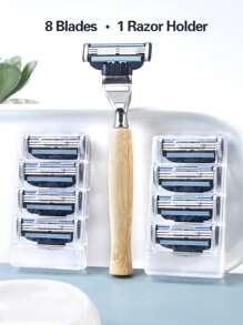 Barbeador Masculino de Lâmina de Aço Inoxidável de 3 Camadas com Cabo de Bambu, Lâminas de Barbear Manuais Substituíveis