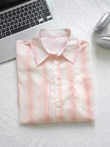 Women's New Korean Slouchy Long Sleeve Playful Casual Color Patchwork Shirt, Lace Girl's College Style Striped Coat With Pocket Sunscreen Cardigan, Daily Wear, Go Out, Home, Dating, Travel Vacation - Pink - View 2