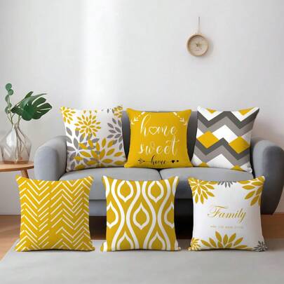 6pcs Minimalist Daily Yellow Geometric "Home Sweet" Throw Pillow Covers, Single-Sided Printed Soft Peach Velvet, 45*45/50*50/40*40CM Cushion Covers For Indoor Decor, Party, Gift