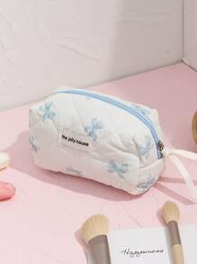 1 Stück weiße gesteppte karierte Kosmetiktasche, blaues Schleifenmuster, girly Herz Design, multifunktionale Kosmetik Aufbewahrungstasche, tragbare Kosmetikpinsel Clutch Tasche mit Reißverschluss, geeignet für Lippenstift, Pinsel, Hautpflege, Aufbewahrungsbox, für Urlaub, Strand, Badezimmer, Schlafzimmer, großes Fassungsvermögen