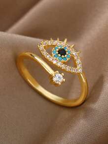 Vintage Evil Eyes Stainless Steel Rings, Cubic Zirconia Gold Color Anti Fading Open Ring For Women, Aesthetic Wedding Party Jewelry Vacation Accessories, Gifts For Mom/Best Friends