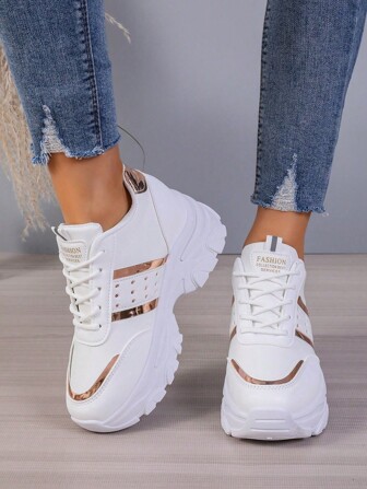 1 Pair White Leather Casual Sports Shoes, Women Platform Sneakers With Hidden Wedge Insole, Suitable For Daily Casual, Outdoor, Date, Rose Gold Accent, Classic & Minimalist Design, Heel Height 6.5cm