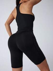 Women's Sports Racerback Tank Top And Pocket Shorts Set, Solid Color Design, Knit Fabric, Medium Elasticity, Opaque, Polyester & Spandex Blend, Suitable For Yoga, Workout, Exercise, And Casual Daily Wear - Slim Fit
