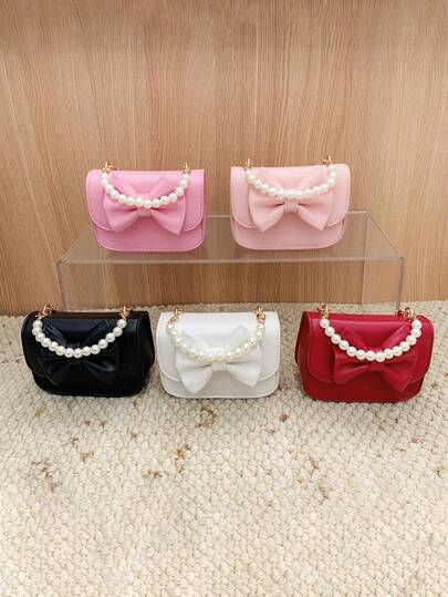 Mini1pc Flap Closure Pu Korean Version Ins Little Girl Bag Fashion Solid Color Cute Bow Sweet Flap Princess Mini Bag Accessories Small Bag Coin Purse , Suitable For All Occasions Pearl Handbag Small Square Bag, Light And Not Picky, Suitable For Outdoor, Play, Commuting Use, Is A Perfect Gift For Friends