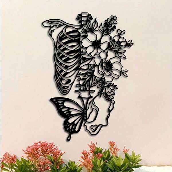 1 Piece Of Skull Metal Wall Art, Unique Skull Lover Wall Decoration, Butterfly Line Art Wall Decoration, Simple Housemoving Gift, Bed Decoration