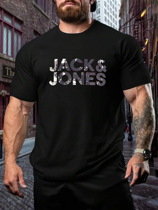 Camiseta deportiva negra para hombre, talla grande, con estampado de JACK&JONES, cuello redondo, 220 g/m², para verano, de puro algodón, manga corta (1 unidad)