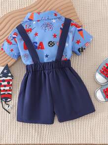 2pcs Baby Boy (Toddler) Casual Short Sleeve Shirt Romper + Bib Shorts Set, Lightweight Summer Outfit