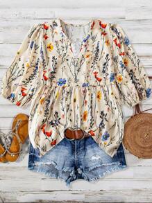 Women's Fashion Print V-Neck Puff Sleeve Elastic Cuff Casual Blouse