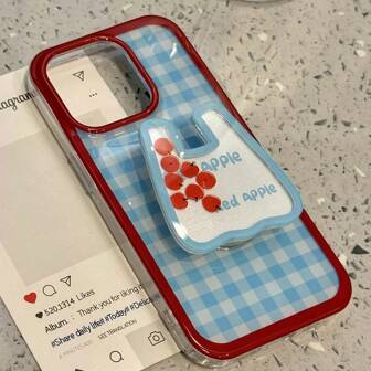 1PC Red Apple Shaker Acrylic Holder Phone Case Set, Fresh Plaid Color Block Anti-Drop Soft Shell, Transparent Soft Case Cover Compatible With Apple Phone