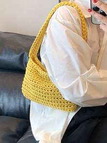 Sac à main femme à une épaule, sac fourre-tout décontracté personnalisé, léger et pliable, en crochet/tissu tressé, de style mode, ouvert sur le dessus, sac souple blanc - Jaune citron - Voir 4