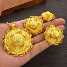 Dubai Style Luxury Jewelry Set For Women, Flower Shaped Pendant, Ring, Earrings With Star Pattern, Traditional African Bride Wedding Accessories Gift