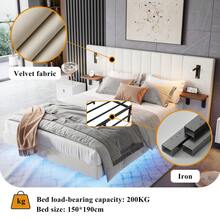 White 150x200cm Upholstered Bed, Adults Teenagers Double Bed , 2 Bedside Lamps, Headboard Storage Function, Soft Headboard, Velvet+Iron, - White - View 4