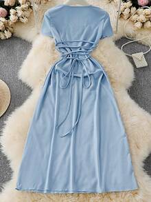 Fashionable Solid Color U-Neck Backless Tie Sleeveless Dress - Blue - View 4