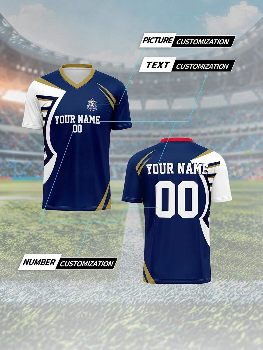 2025款男士运动队训练V领足球服，透气速干，前后均可印制姓名、号码和队徽，适合休闲、派对、夏季舒适穿着，也适合健身穿着。