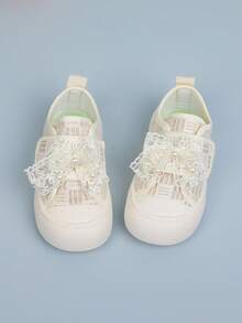 Children's Canvas Shoes, Soft Bottom Toddler Shoes, Baby Shoes, Bowknot Sneakers, Girls Fashionable Lace Casual Shoes, Spring/Autumn/Winter - Beige - View 9
