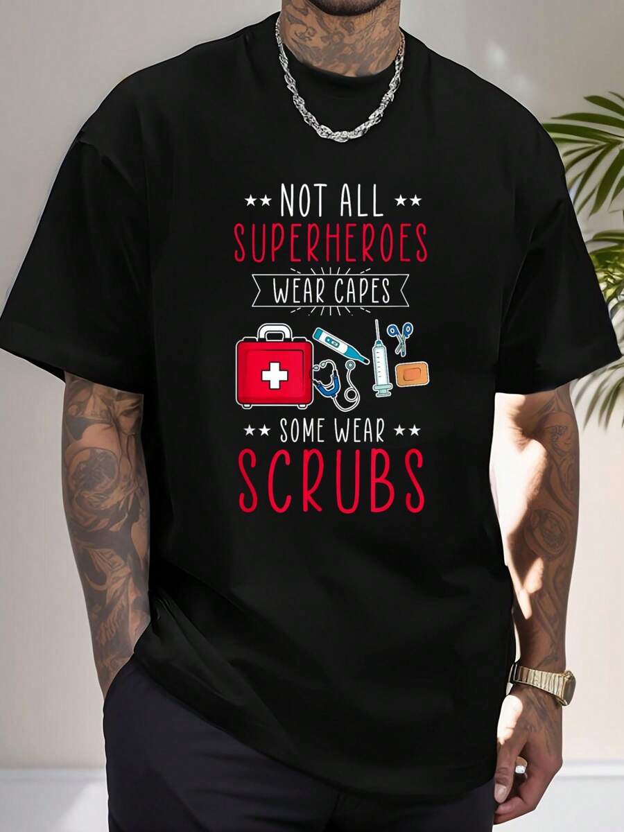 100% Cotton Not All Heroes Wear Capes Some Wear Scrubs Nurse EMT T-Shirt Print T-Shirt Casual Crew Neck Short Sleeve Comfort Tee Top For Spring & Summer Men's Clothing - Black - View 1