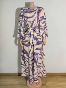 Women's All-Over Print Round Neck Lantern Sleeve Long Elegant Arabic Style Dress, Modest