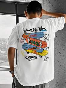 1 pieza Camiseta de manga corta con estampado de monopatín blanca para niños preadolescentes, adecuada para estudiantes jóvenes, parte superior de verano para niños preadolescentes