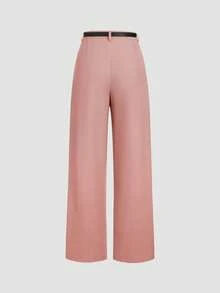 Mid-Waist Solid Color Elegant Straight-Leg Pants With Belt - Pink - View 4
