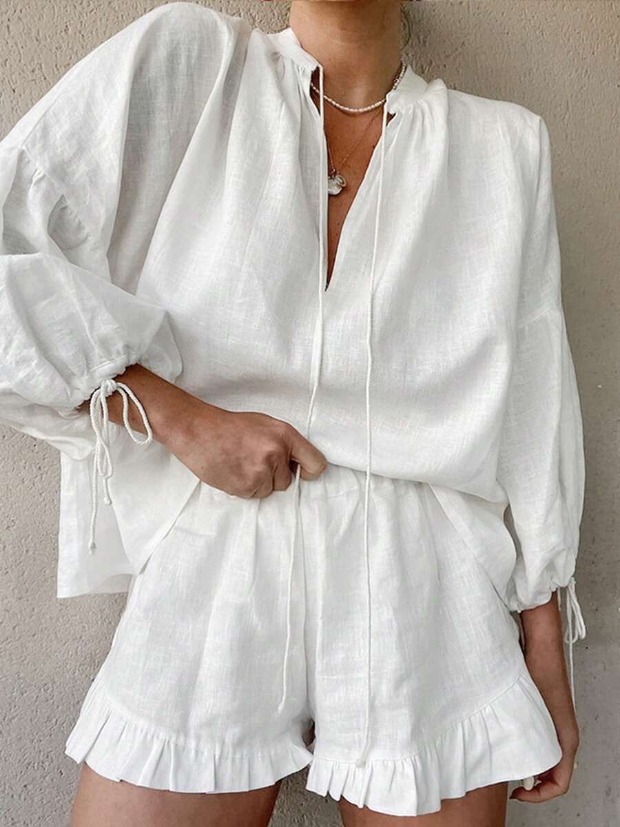 Women Linen Set Puff Long Sleeve V Neck Front Tie Shirt  Ruffle Boxer Shorts Set 2 Piece Lounge Sets Y2K Tracksuit - White - View 1