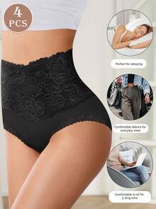 MEIYATING 4 件套女士高腰塑身提花图案内裤，舒适修身，蕾丝花边 - 黑色 - 查看 3