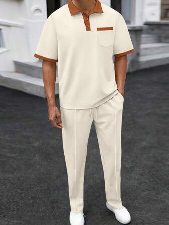 2pcs Men Sports Suit, Casual Short Sleeve Polo Shirt + Long Pants, Fashion Patchwork Design Sports Outfit