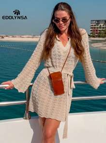 Elegant Shirt V-Neck Bell Sleeve Mini Dress Hollow Out Belted Knitted Dress 2024 Summer Beach Cover Up Women's Casual Outfit