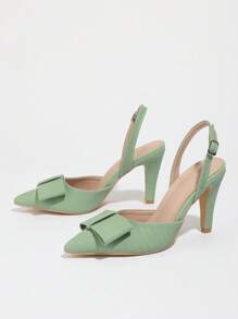 Fall/Winter Pale Green Pointed Toe High Heel Shoes With Backstrap, Spring/Summer Chunky Heel Women Sandals With Bowknot Buckle Strap,Elegant,Kitten Heels