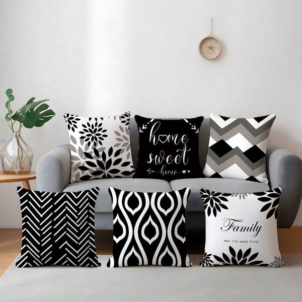 6 piezas Funda de cojín geométrica en blanco y negro simple "Home Sweet", impresa por un solo lado en tela de terciopelo suave, tamaño 45*45cm/50*50cm, para decoración interior, fiestas y regalos