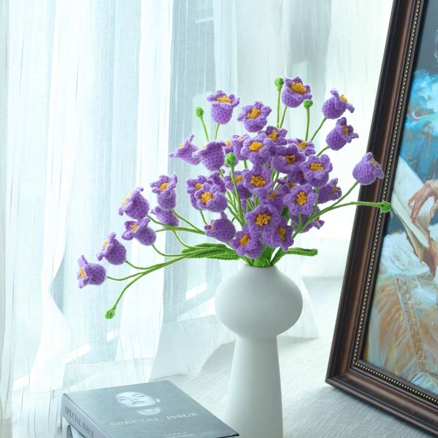 1/3/6pcs Handmade Crochet Lily Of The Valley Flowers, Artificial Flowers. DIY Crochet Flower Bouquet For Her, Friends, Family, Teachers, Home Decor, Weddings, Birthdays, Parties. Suitable For Autumn/Winter Decor, Thanksgiving, Graduation, Back To School Seasons And Other Holiday Creative Gifts - Purple - View 1