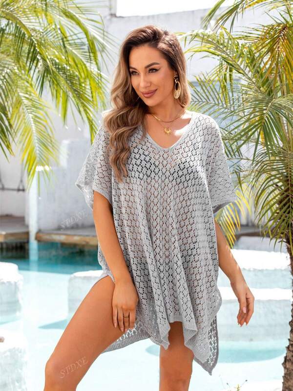 Women Plus Size Hollow Out Sexy Semi-Sheer Beach Cover Up Bikini