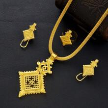 3pcs/Set Golden Luxury Hollow Cross Jewelry Set, Earrings, Ring, Pendant, Elegant Middle East Daily Party Festival Gifts