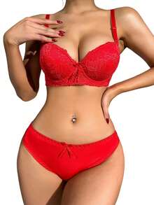 Women's Lace Lingerie Set V Neck Bra With Low Rise Thong Mesh Babydoll Set - Rojo - Ver 2