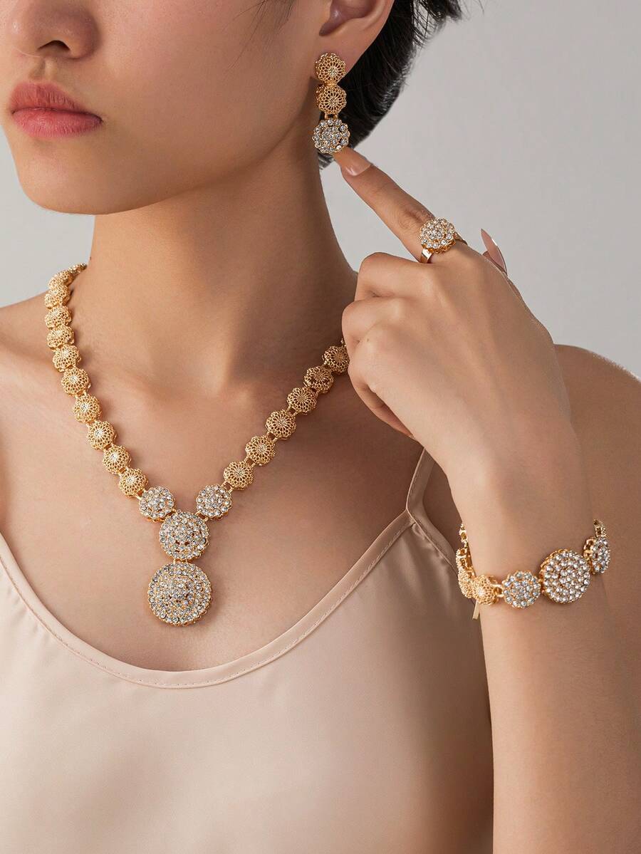 5pcs Crystal Jewelry Set, Sparkling Accessories For Parties Or Daily Wear - Gold - View 1