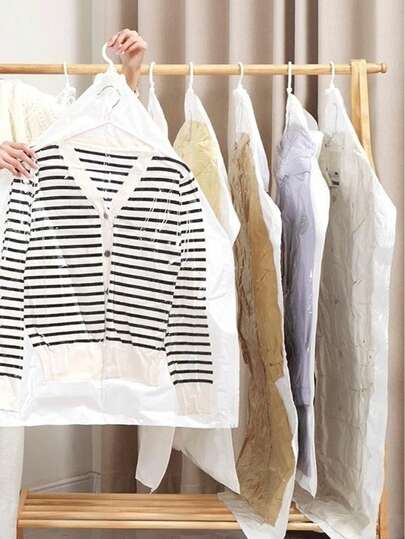 1 peça de saco de compressão a vácuo para pendurar, saco de armazenamento para casacos, pode liberar poeira nas roupas, aumenta o espaço de armazenamento no armário, adequado para suprimentos de armazenamento familiar, cor da bomba aleatória