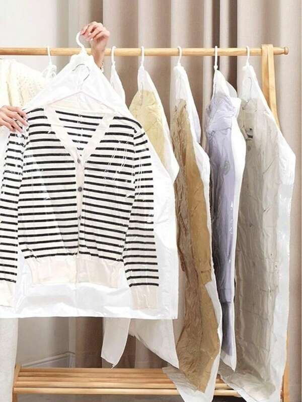 1 pieza Bolsa de almacenamiento al vacío para abrigo de plumón colgante, puede mantener la ropa libre de polvo, aumentar el espacio de almacenamiento en el armario, adecuado para suministros de almacenamiento familiar, color de la bomba al azar