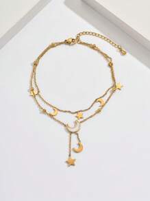 1 pieza Tobillera delicada con colgante de estrella y luna multicapa, versátil, elegante y alegre, esencial para la playa y las vacaciones, adecuada para regalos y uso personal