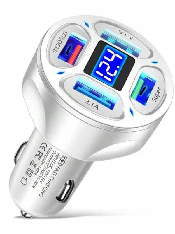 The Four-Port USB Car Charger Is A Best - Selling Product With 66 - Watt Fast Charging. Its USB - C Port Supports 20 - Watt PD Fast Charging And Is Equipped With A Digital Display, Making It A Top - Tier Car Phone Charging Adapter.
