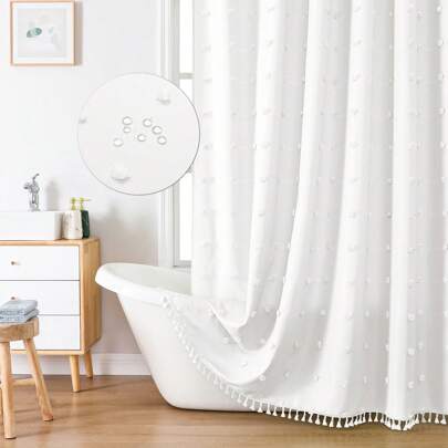 1pc White Shaggy Tasseled Shower Curtain, Simple 3D Floral Cut Out Waterproof Polyester Bathroom Curtain, Comes With Hooks Home Bathroom Decor Fall Decor Bathroom Accessories Back To School